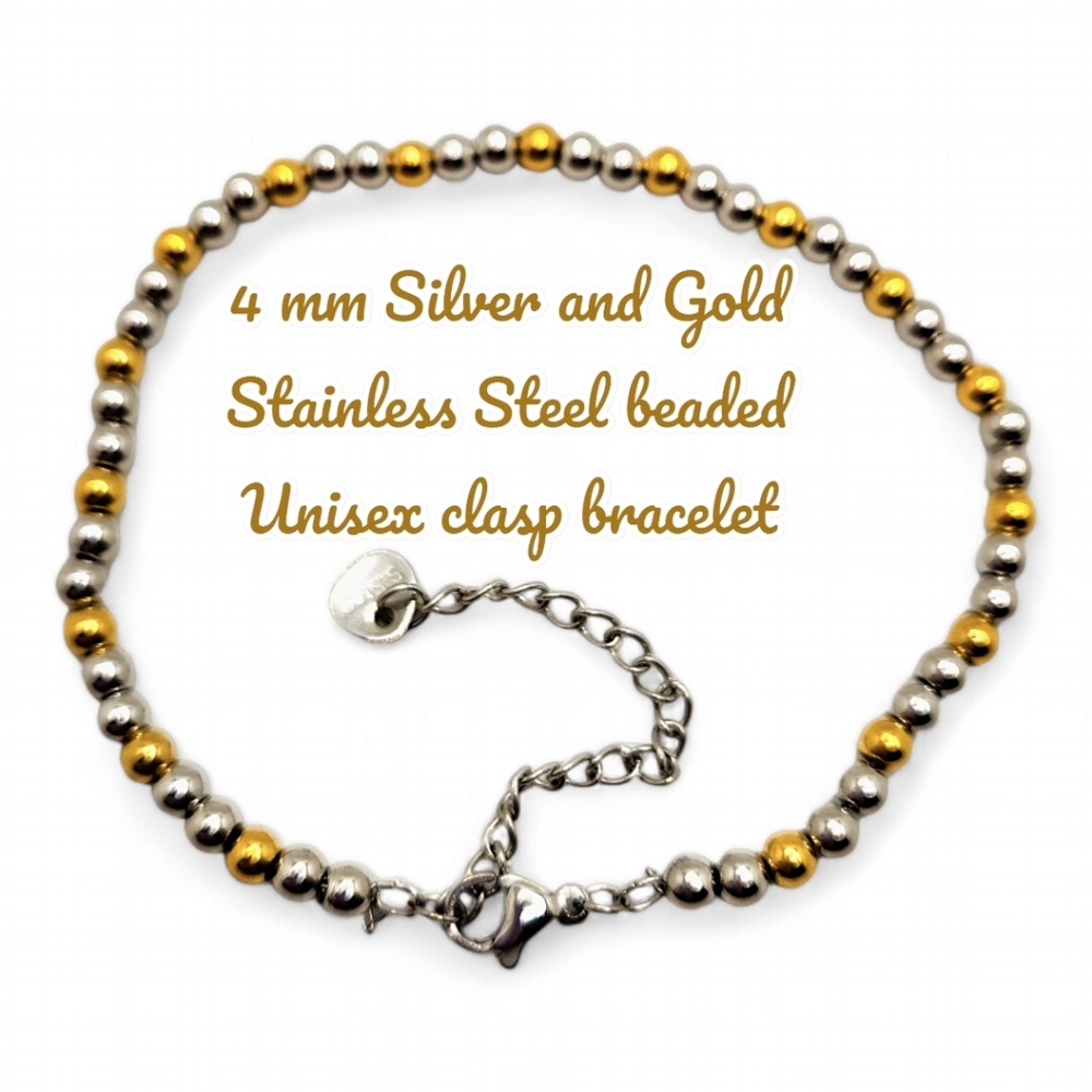 4 mm Silver and Gold Stainless Steel beaded Unisex bracelet with clasp